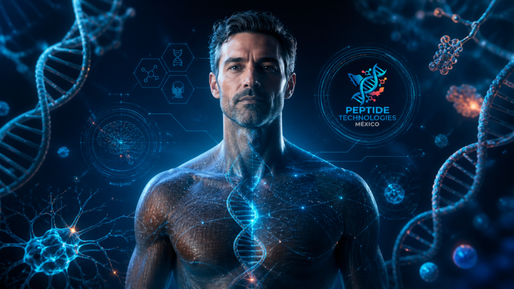 Imagen de biohacking con figura humana, ADN, redes neuronales y logo de Peptide Technologies México, representando optimización humana, salud metabólica y tecnología peptídica.