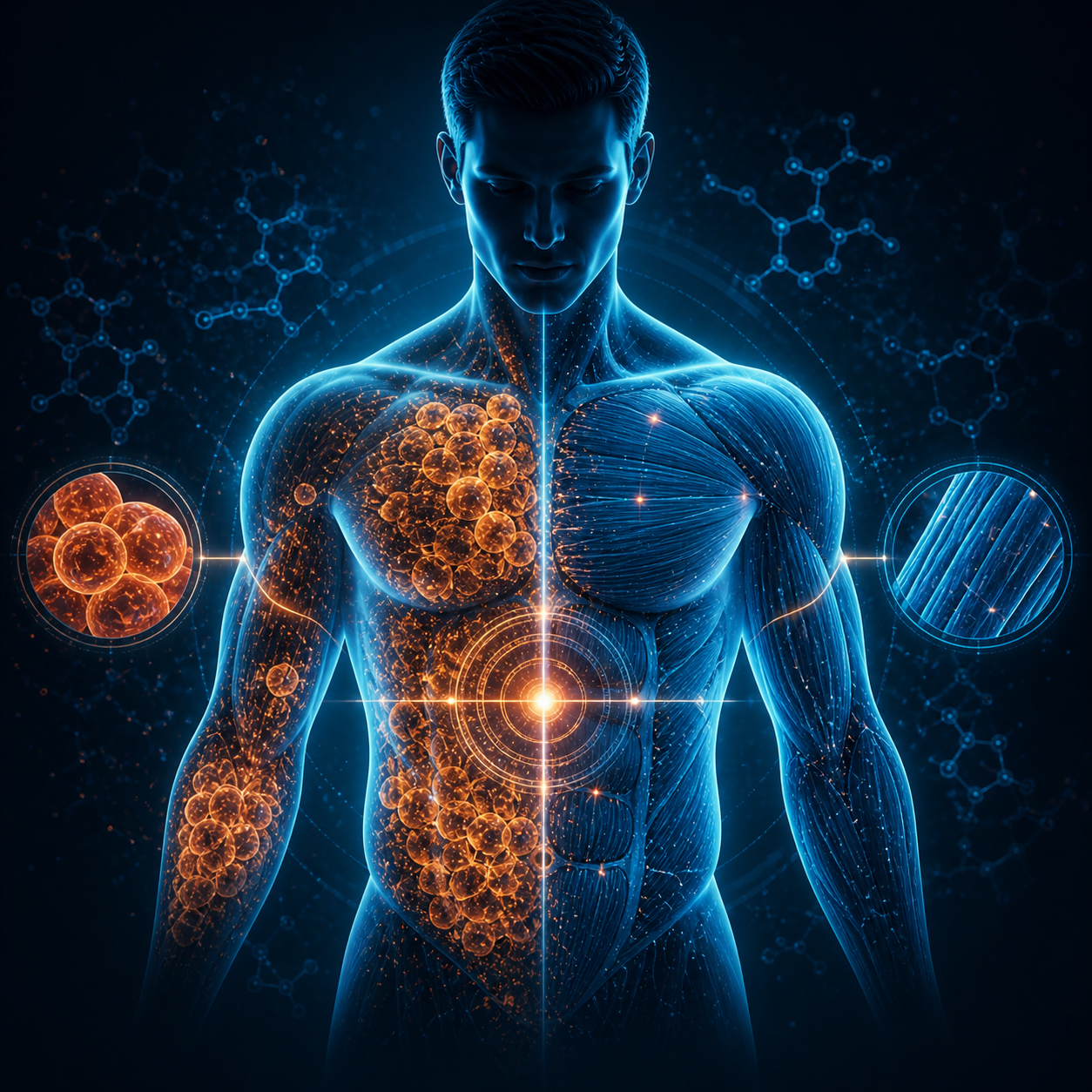 Imagen de biohacking para pérdida de grasa selectiva y composición corporal, con figura humana, tejido adiposo, fibras musculares y análisis metabólico de Peptide Technologies México.