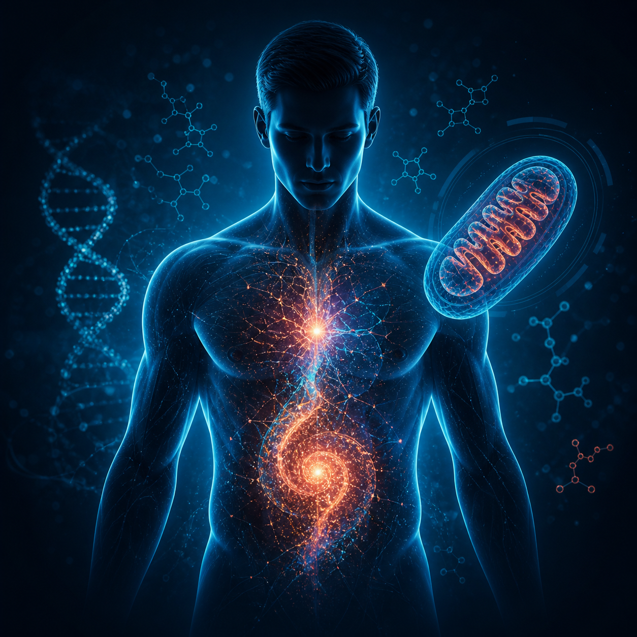 Imagen de biohacking y salud metabólica con figura humana, mitocondria, ADN y energía celular, representando optimización humana y eficiencia metabólica con Peptide Technologies México.