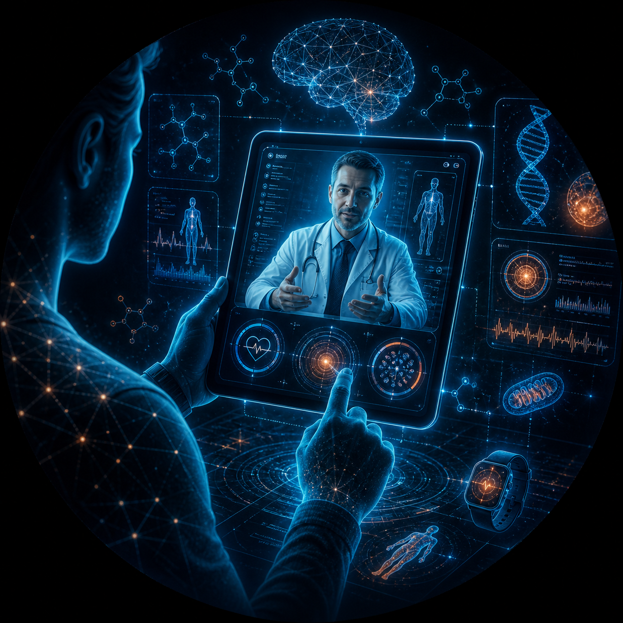 Imagen de biohacking y telemedicina con consulta médica remota, monitoreo biométrico, ADN e interfaz digital para salud metabólica con Peptide Technologies México.