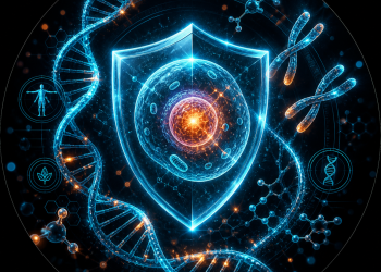 Imagen de biohacking y longevidad celular con célula protegida, ADN, moléculas y escudo biotecnológico, representando optimización humana y salud metabólica con Peptide Technologies México.