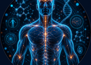 Imagen de biohacking y performance humana con figura anatómica futurista, sistema nervioso iluminado, ADN y datos biométricos, representando optimización humana con Peptide Technologies México.