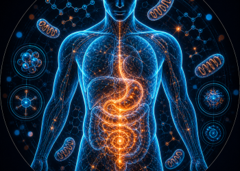 Imagen de biohacking y salud metabólica con figura humana, sistema digestivo iluminado, mitocondrias y moléculas, representando optimización metabólica con Peptide Technologies México.